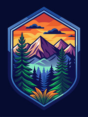 Mountain Landscape with Sunset and Pine Trees