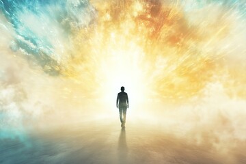 Person walking towards light in surreal dreamscape