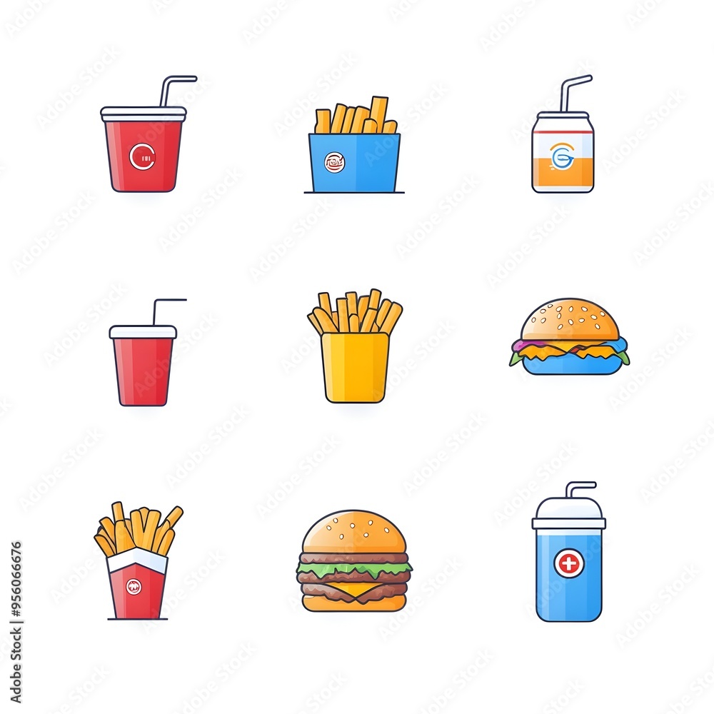 Poster flat gradient icon set of popular fast food menu items