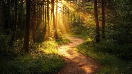 A winding dirt path leading through a dense forest, with sunlight filtering through the trees