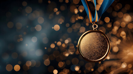 A dramatic angle showing the gold medal on the podium against a backdrop of fireworks