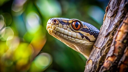 Fototapeta premium A close-up of a snake's head peering at a tree branch with a blurred background