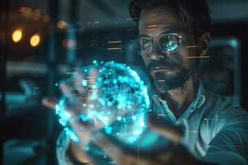 businessman using abstract glowing map hologram on blurry office interior background