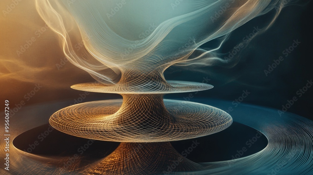 Poster abstract geometric shapes and dynamic waves converging on a central pedestal, representing the flow 