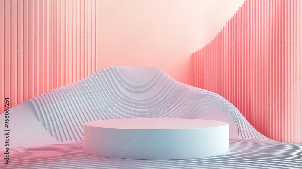 Poster abstract geometry orbiting around a pedestal symbolizing creative thinking, with dynamic wave patter