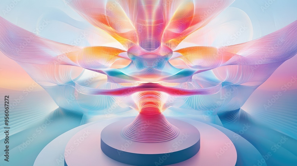 Poster abstract geometric shapes and dynamic waves converging on a central pedestal, representing the flow 