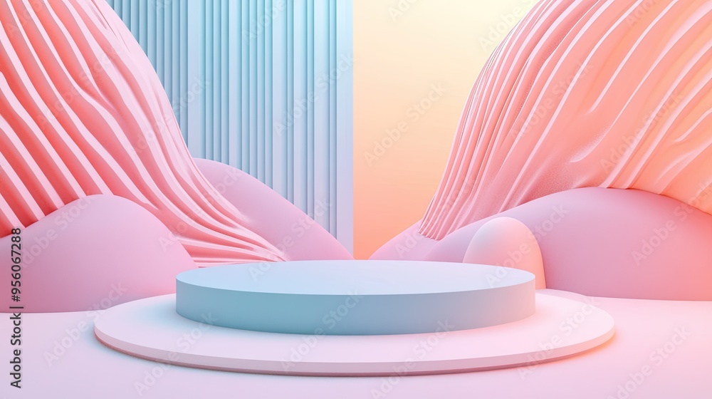 Poster abstract geometry orbiting around a pedestal symbolizing creative thinking, with dynamic wave patter