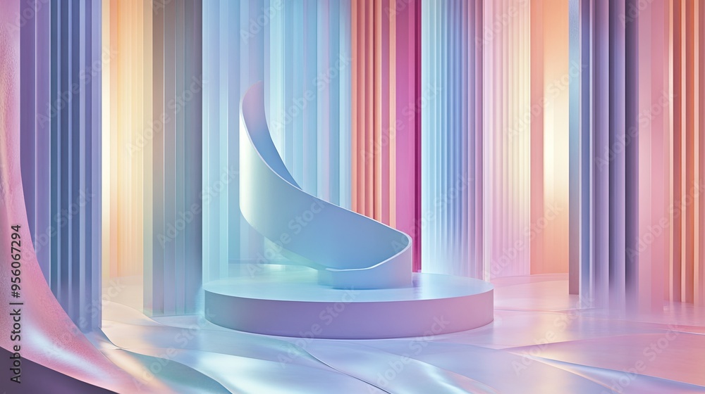 Poster abstract geometry orbiting around a pedestal symbolizing creative thinking, with dynamic wave patter