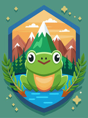 A Green Frog Sitting by a Lake in a Mountainous Landscape