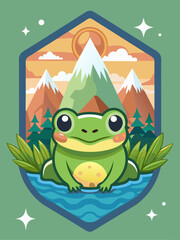 Cartoon Frog Sitting in a Lake with Mountains in the Background