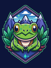 Green Frog Sitting with Mountain Background and Green Leaves