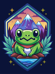 Cartoon Frog Sitting by a Lake with Mountains in the Background