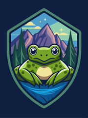 Green Frog Sitting in a Mountain Lake at Night