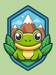 Cartoon Frog with Mountains and Leaves in a Hexagon Frame
