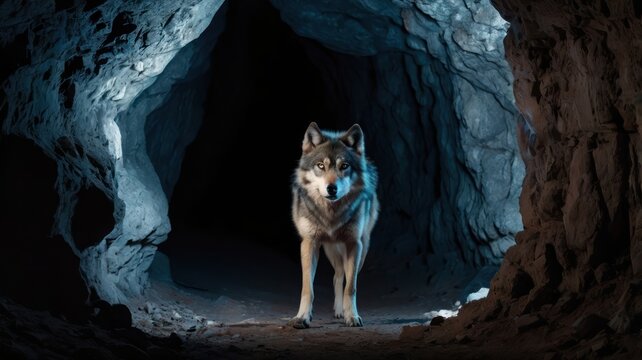 wolf with glowing eyes in front of a dark cave