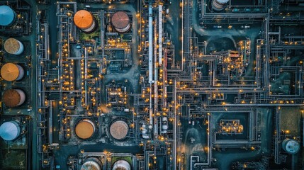 Aerial shot of an oil refinery with a dense network of pipes and storage tanks
