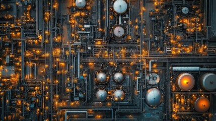 Aerial shot of an oil refinery with a dense network of pipes and storage tanks