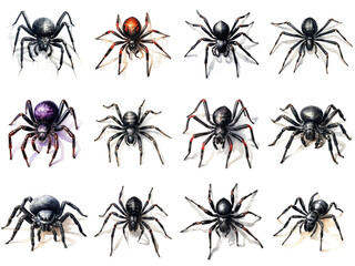 Watercolor Illustrations of Various Black Spiders