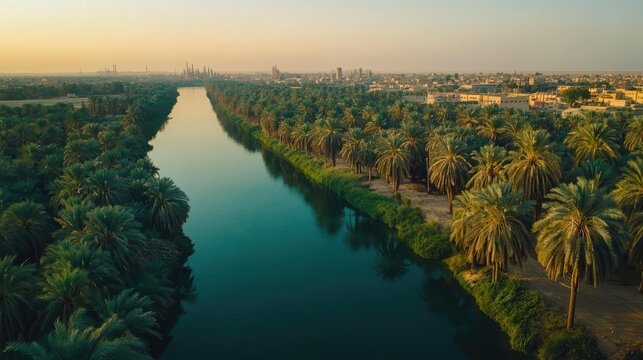 Aerial shot of the lush palm groves surrounding the city of Basra