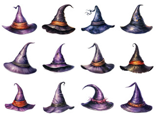 A Collection of Watercolor Witch Hats with Different Decorations