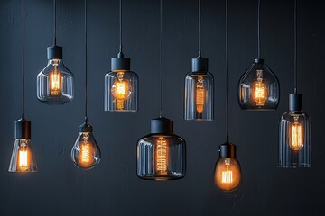 Stylish collection of hanging and floor lamps illuminating a dark background, ideal for business presentations, home decor promotions, and lighting solutions.