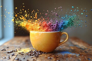 A vibrant coffee cup with a rainbow explosion of colors, perfect for Business marketing around creativity and innovation, suitable for cafes and events with copy space.
