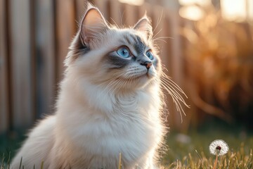 Beautiful ragdoll cat looking up with blue eyes