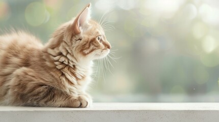 Adorable fluffy kitten sitting by the window and gazing outside with curiosity. Soft natural light creates a peaceful ambiance.