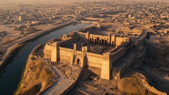 Aerial view of the ancient city of Nineveh, with the ruins of ancient walls and buildings