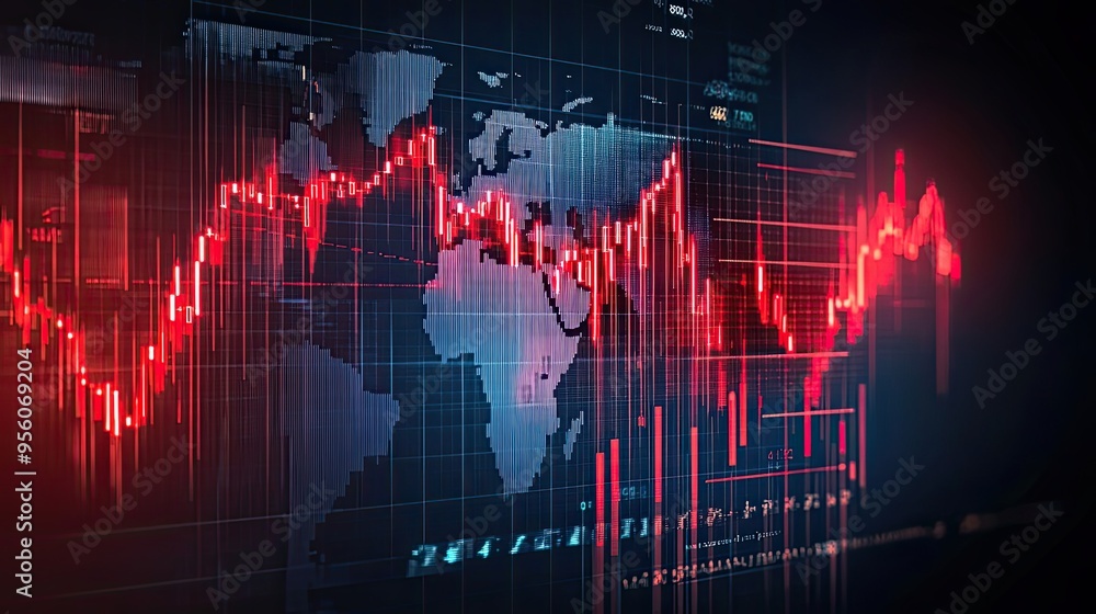 Poster world map with red stock market chart and data