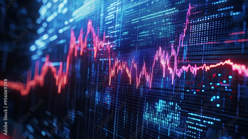 Poster a close-up of a digital display showing financial data and a pink line chart.