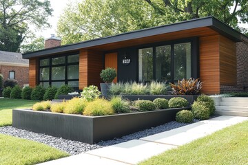 Obraz premium Modern house entrance with wooden stairs and flower beds