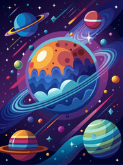 A Colorful Abstract Space Scene with Planets and Stars