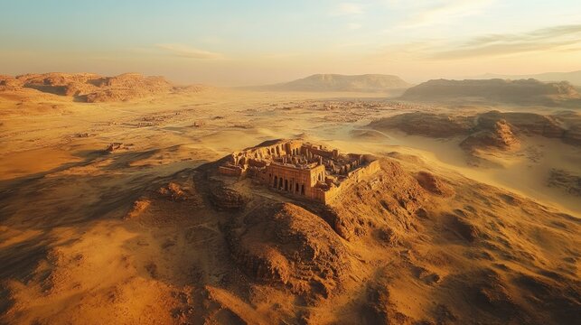 Aerial view of the desert landscape surrounding the ancient city of Hatra, with ruins visible in the distance
