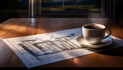 Business plan blueprint on a wooden desk with coffee and glasses, strategic planning concept