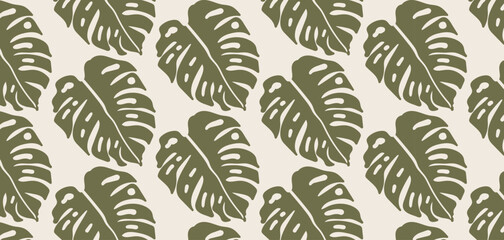 Tropical green leaves seamless pattern. Pastel boho background in minimalist. Suit for presentation, backgrounds, wallpapers, textile, and fashion.