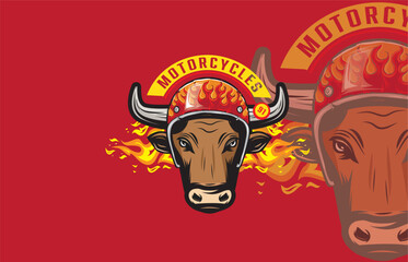A fierce bull head wearing a fire-patterned helmet, set against a red background, symbolizing power, speed, and strength.