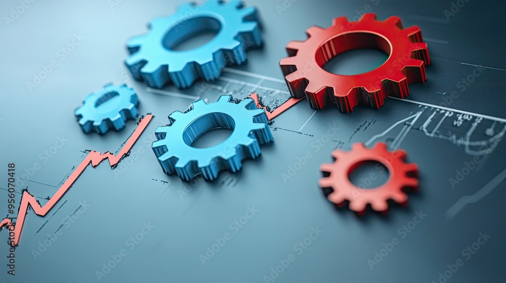 Poster red and blue cogs with an upward arrow on a graph