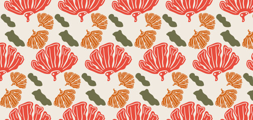 Abstract flowers seamless pattern. Pastel boho background in minimalist. Suit for presentation, backgrounds, wallpapers, textile, and fashion.