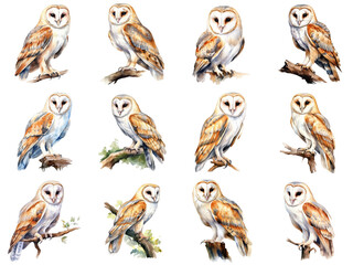 Obraz premium Watercolor Illustration of Twelve Barn Owls Perched on Branches