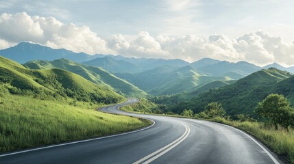 Fototapeta premium Asphalt road cutting through green mountains, set against a backdrop of morning clouds in the sky