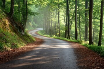 Naklejka premium Winding forest road through lush green trees.
