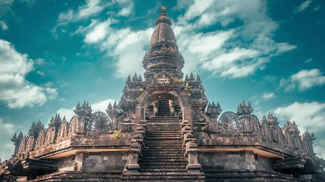 Bajra Sandhi or Monumen Taman Mumbul monument to the struggle for independence in the rays of the rising sun. Bali, Indonesia. 4K Aerial view