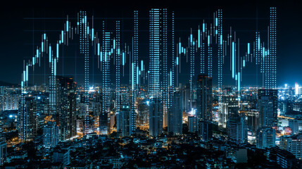 Stock market bar chart letting see a modern city business center in background representing finance investment and trading concept