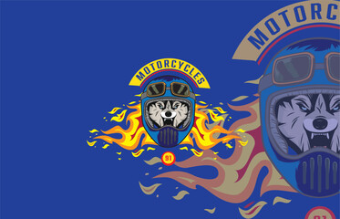 Vector logo of a husky dog head wearing a blue helmet, with flames in the background, motorcycle club theme, light blue backdrop.

