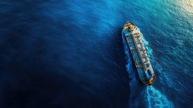 Bird's eye view of an LPG tanker ship transporting oil and gas in the deep blue ocean