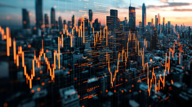 Stock market bar chart letting see a modern city business center in background representing finance investment and trading concept