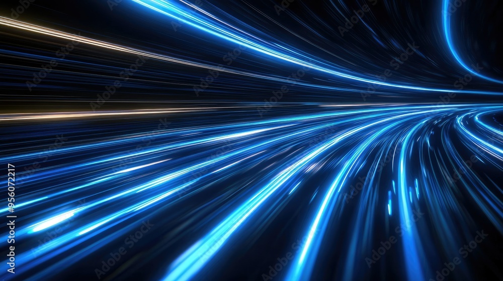 Poster blue light streaks moving rapidly across a dark background, creating a dynamic, futuristic effect