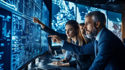 A team of professionals intensely analyze data on multiple screens in a high-tech control room, collaborating on complex information for strategic decision-making.