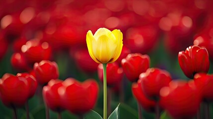 Bright yellow tulip shining in the middle of a vibrant red tulip field, with blurred background for depth.